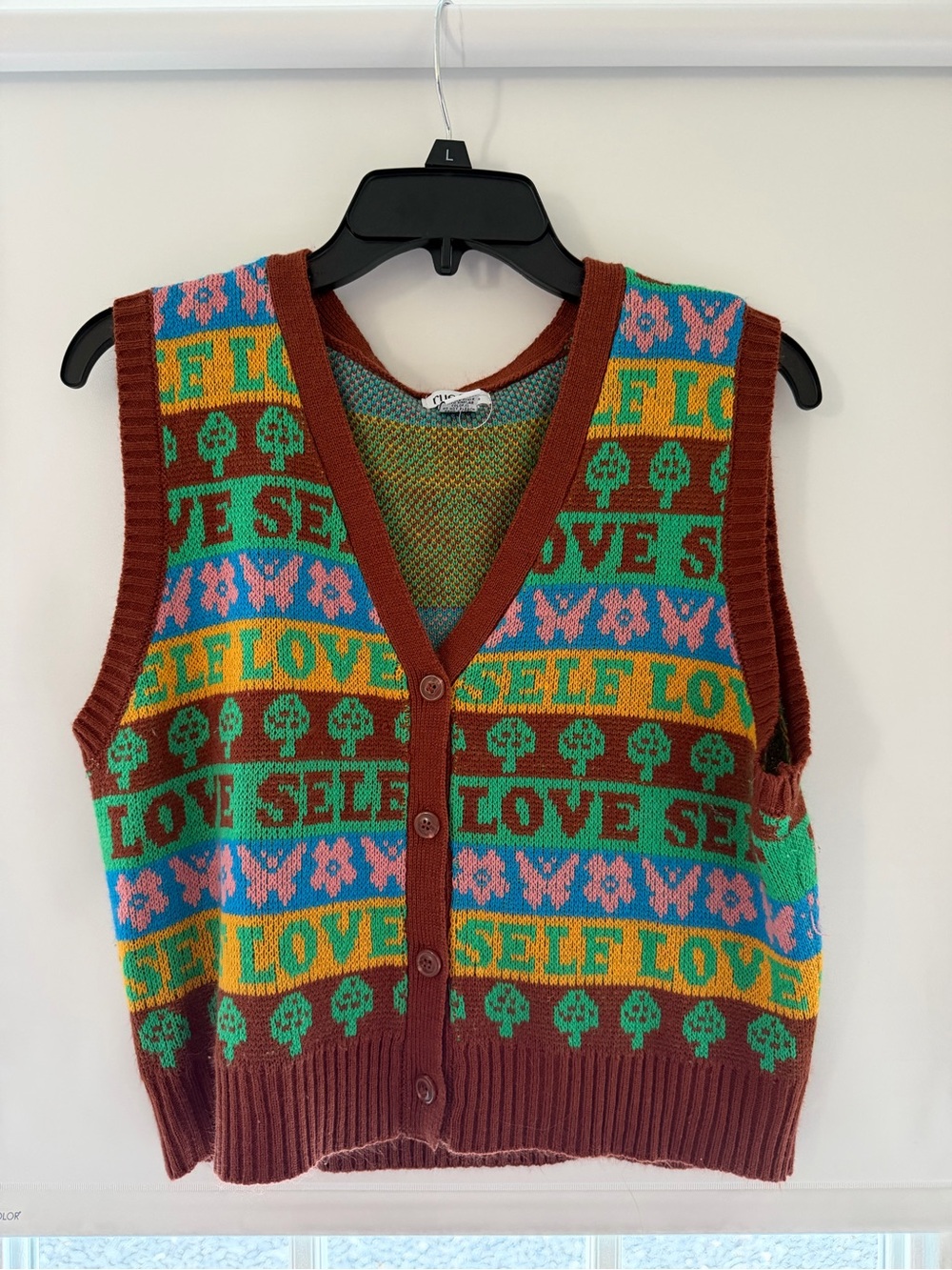 Rue21 Brown V-Neck Knit Vest with Multicolor 'SELF LOVE' Pattern